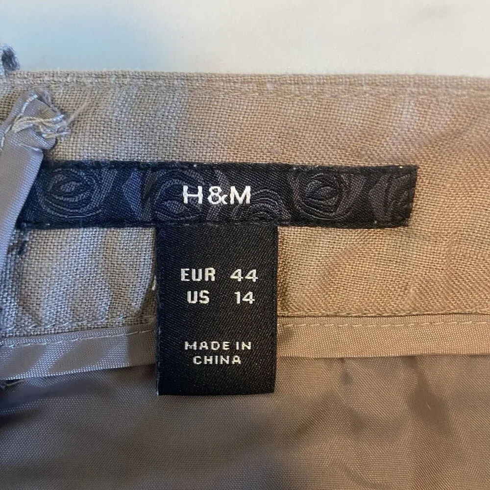 H&M Women’s Size 14 Pants 100% Linen Wide Leg Pockets‎ Mid Rise Tan Taupe Office